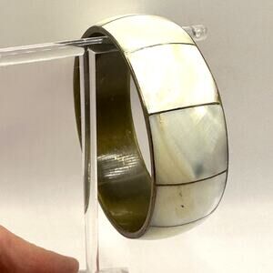 Mother of Pearl Brass Bangle Bracelet MOP Vintage Inlaid Mid Century Modern MCM